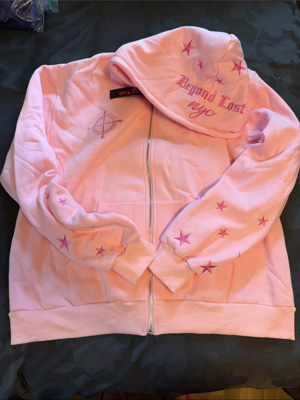 Pink Zip Hoodie with Star Embroidery